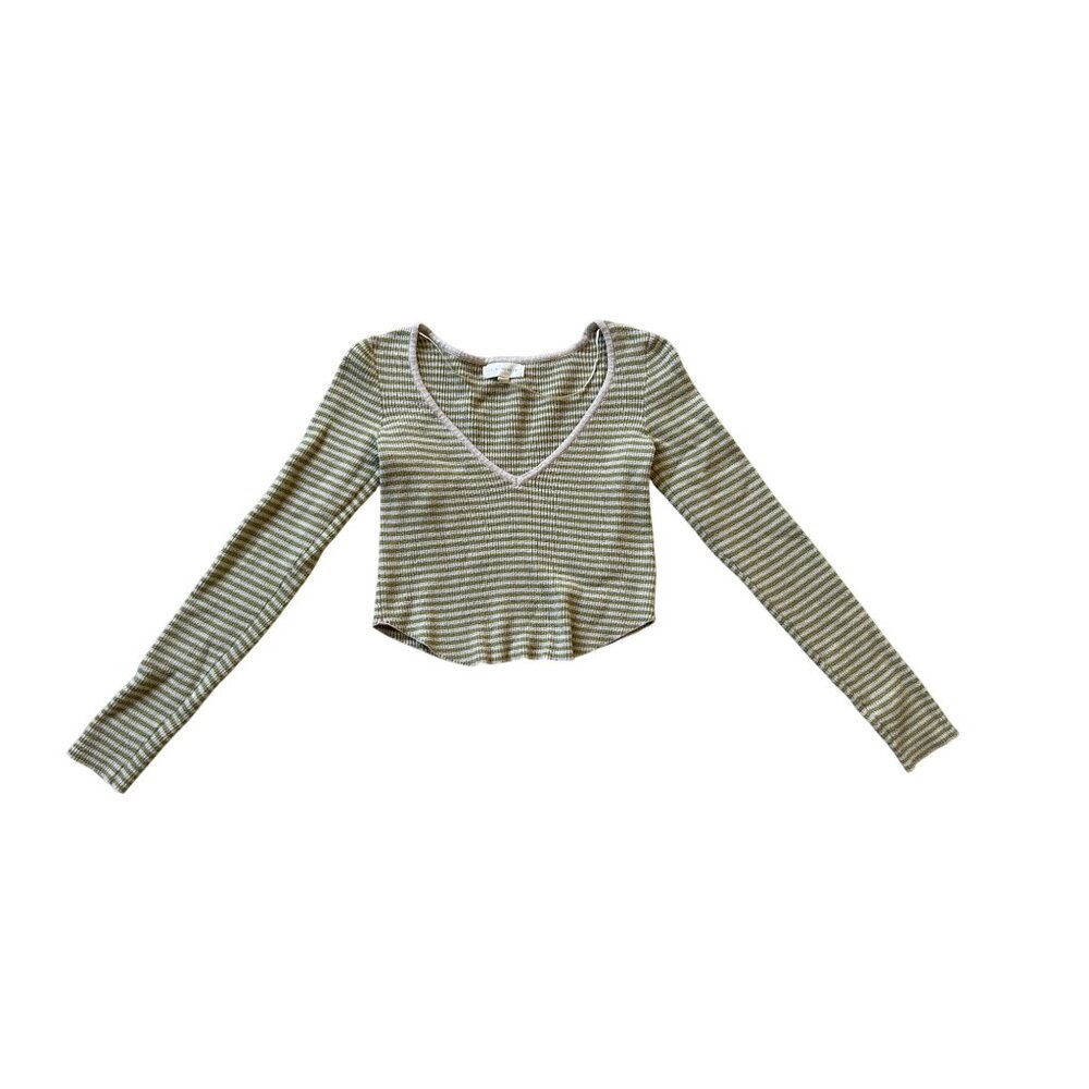 LA Hearts by PacSun Blush Pink & Green Striped Long Sleeve V-Neck Top - XS‎